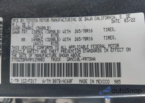 2022 Toyota Tacoma Trd Off Road from USA, damaged, VIN 3TMDZ5BNXNM129803